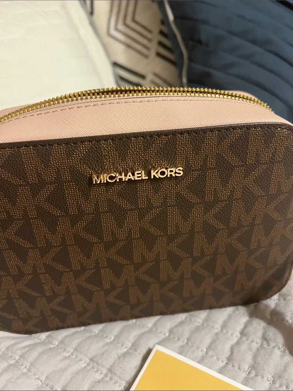 Michael Kors Brown Logo Crossbody with Pink Strap & Trim NWT